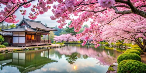 Wall Mural - Cherry blossoms in a serene Japanese garden , spring, pink, petals, nature, serene, peaceful, beauty, traditional