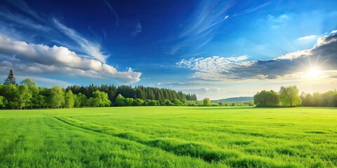 Wall Mural - Wide green meadow under a clear sky, meadow, green, grass, field, nature, landscape, clear sky, blue, tranquility