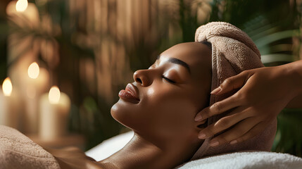 Sticker - Attractive african girl enjoying face massage in spa salon.