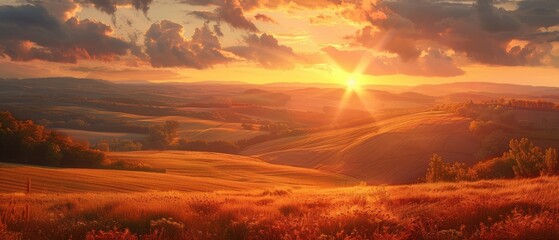 Wall Mural - Golden Sunset Over Rolling Hills.