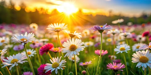 Wall Mural - A peaceful meadow filled with colorful daisies under the warm sunlight , nature, beauty, flowers, meadow, field, daisies