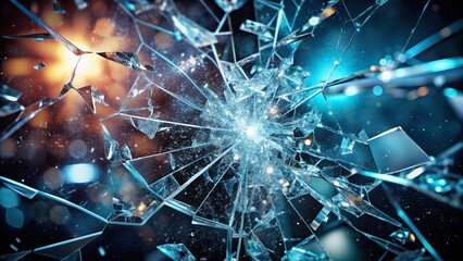 Dynamic shattered glass texture with exploding shards on black backdrop, blur and bokeh motion effect , shattered, glass