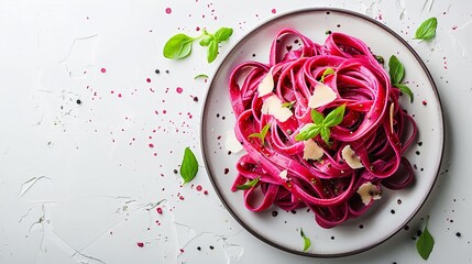 A top view and close shot of pasta with beet sauce over a clean white plate and a big space for text or product advertisement, Generative AI.