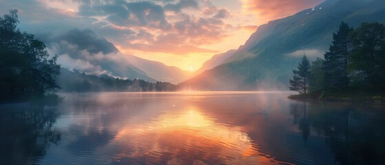 Wall Mural - Serene Mountain Lake at Sunset.