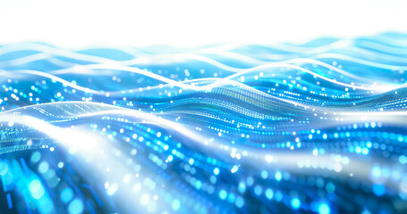 Wall Mural - Selective focus swirl glowing particles light beams.flowing of algorithm binary computer code.abstract background of vibrant light luminous line with data information transfering or cloud technology.