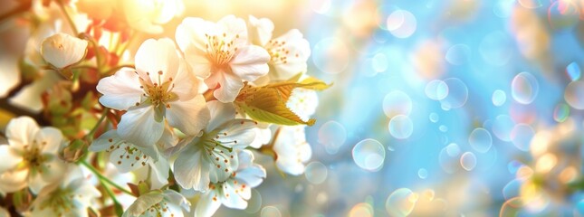 Wall Mural - Beautiful blooming cherry tree flowers, blurred blue sky and sunlight.