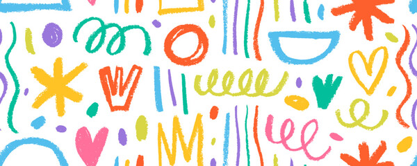 Aufkleber - Childish girly style crayon doodle seamless pattern. Hand drawn colorful doodle squiggles, shapes, crowns and dots. Pencil or charcoal drawings. Fun abstract shapes seamless banner.