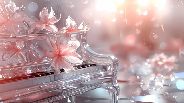 Pink and white glass piano and flowers illustration poster background