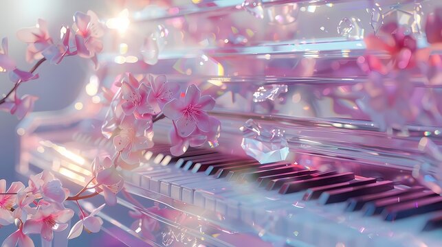 Pink and white glass piano and flowers illustration poster background