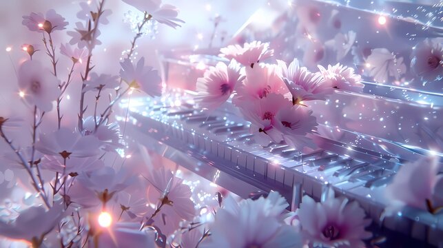 Pink and white glass piano and flowers illustration poster background