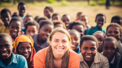 Wall Mural - White smiling Caucasian woman teaching African happy children outdoors.