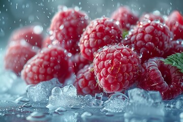 Sticker - An assorted collection of fresh raspberries placed on a bed of ice