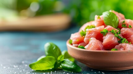 Sticker - fresh raw chicken cubes with basil and parsley in a bowl.