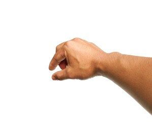 Wall Mural - A man's hand Pretend to hold a coin in your hand. And I'm about to put a coin into something. Isolated on white background. business idea.