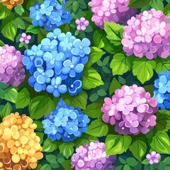 Wall Mural - Hydrangea garden flat design top view theme colorful cartoon drawing vivid