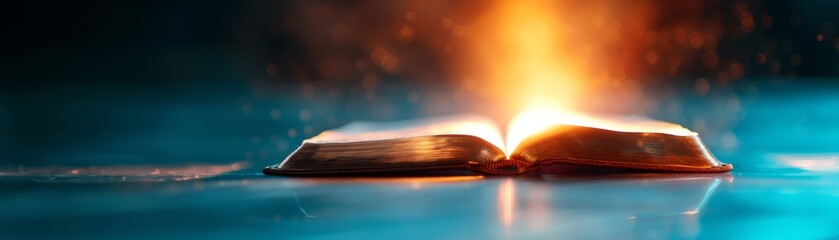 open book on blue surface with glowing light.