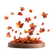 © Loony Dream Designs - Podium covered with autumn leaves falling in mid-air seasonal display fall decor transparent background