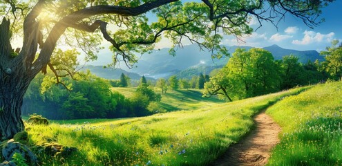 Beautiful spring landscape with path in green field.