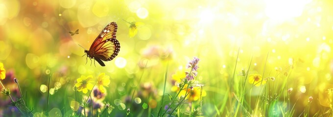 Wall Mural - Beautiful spring meadow background with a butterfly flying in the sunlight.