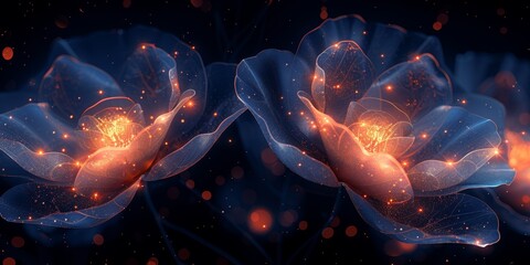 Glowing Floral Illustration of Two Delicate Flowers on a Dark Background