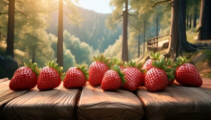 Wall Mural - strawberries on a wooden table in the mountains