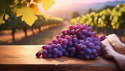 Wall Mural - bunch of black grapes on a wooden table on the vine