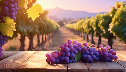 Wall Mural - bunch of black grapes on a wooden table on the vine