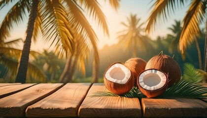 Wall Mural - coconuts on a wooden table and coconut trees on background