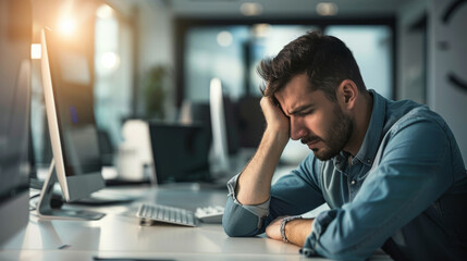 A man sits despondently at his office desk, head resting against his hand, surrounded by a softly lit modern workspace with computers and paperwork scattered around.