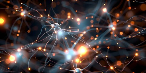 Wall Mural - Highresolution 3D rendering of active neurons connecting in abstract dark space. Concept Neuroscience, Neurons, 3D Rendering, Abstract Space, High Resolution