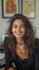 Wall Mural - A youthful lady is seated at her desk, grinning at the camera.