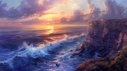 A cliff overlooking the sea, waves crashing against the rocks below, under a dramatic sky at sunset.