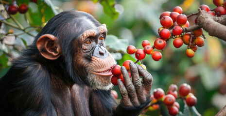 Sticker - Chimpanzee eating red berries from branch in its natural habitat