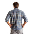 © CrazeePixelINC - Back view mid body shot of a 25-year-old handsome Caucasian man wearing a blue plaid shirt and grey shorts isolated on a white transparent background