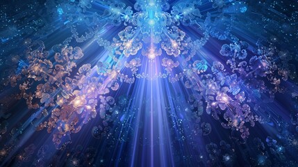 Wall Mural - Deep sapphire and platinum with light beams mandala patterns and mist. background