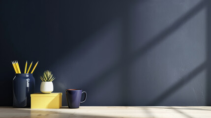 Wall Mural - A minimalist desk setup with shadows falling on a dark wall, adorned with pencils, a succulent, a yellow box, and a navy blue mug.