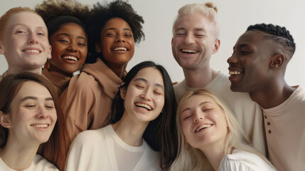 Wall Mural - A joyful group of friends from diverse backgrounds, smiling brightly, capturing the essence of happiness and unity.