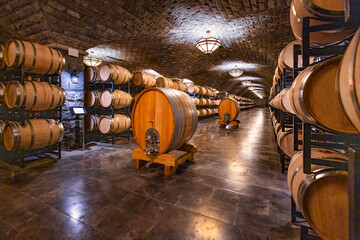 Wall Mural - Oak barrels in the cellar of the winery