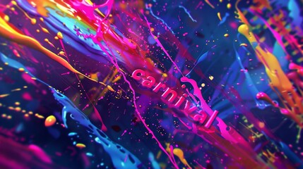 Vibrant abstract background with splashes and streaks in neon hues carnival in bold glowing letters background