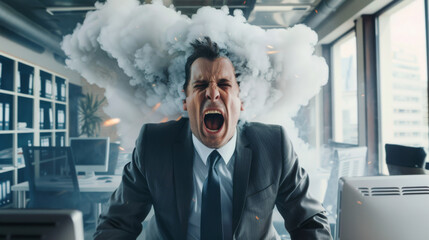 A man in a suit screams in frustration, seated at a desk with clouds of smoke billowing from his head in a comical depiction of stress overload.