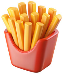 A fun and colorful 3D illustration of a carton of French fries in a red box, perfect for fast food icons, menus, and playful design projects.