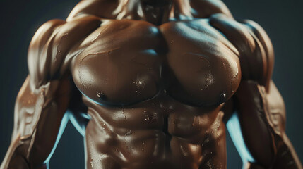 Wall Mural - A close-up image of a muscular torso, glistening with sweat, in a dynamic, low-light setting.