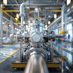 Close-up of industrial machinery and pipeline system in a modern factory. High-quality engineering and technology concepts.