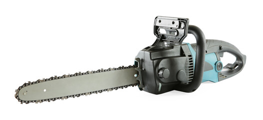 Wall Mural - One electric chainsaw isolated on white. Wood cutting tool