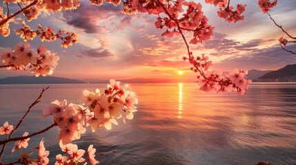 Wall Mural - Sunrise Scene of Cherry Blossom Blooming Branch against Sky and Sea