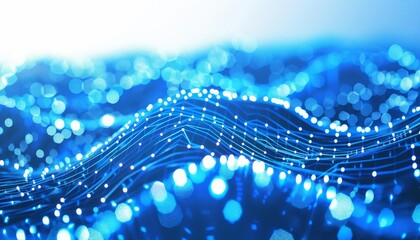 A digital technology concept with a futuristic blue gradient background and connected dots