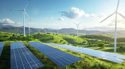 scenic landscape of wind turbines and solar panels harnessing renewable energy on a green hillside u