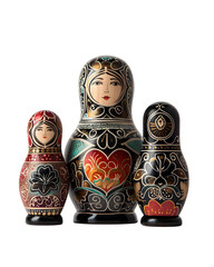 A set of three traditional Russian nesting dolls, or matryoshka dolls, with intricate designs and vibrant colors.