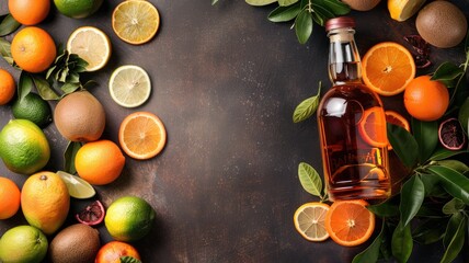 Wall Mural - Assorted citrus fruits and bottle on rustic table