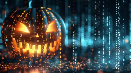 Wall Mural - Halloween pumpkin with vibrant binary code overlay, merging festive and digital themes in an illuminated scene